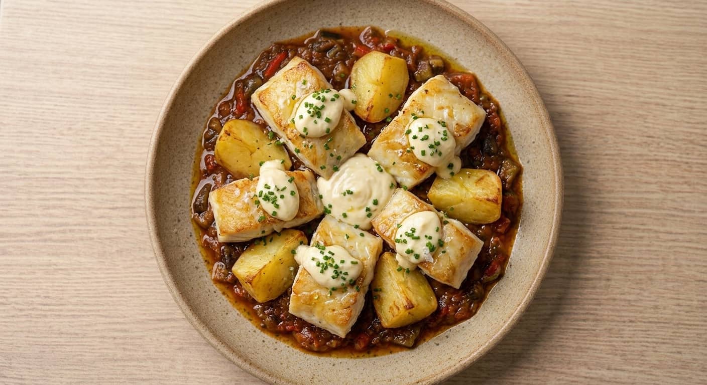 Bacallà amb samfaina i allioli amb patata