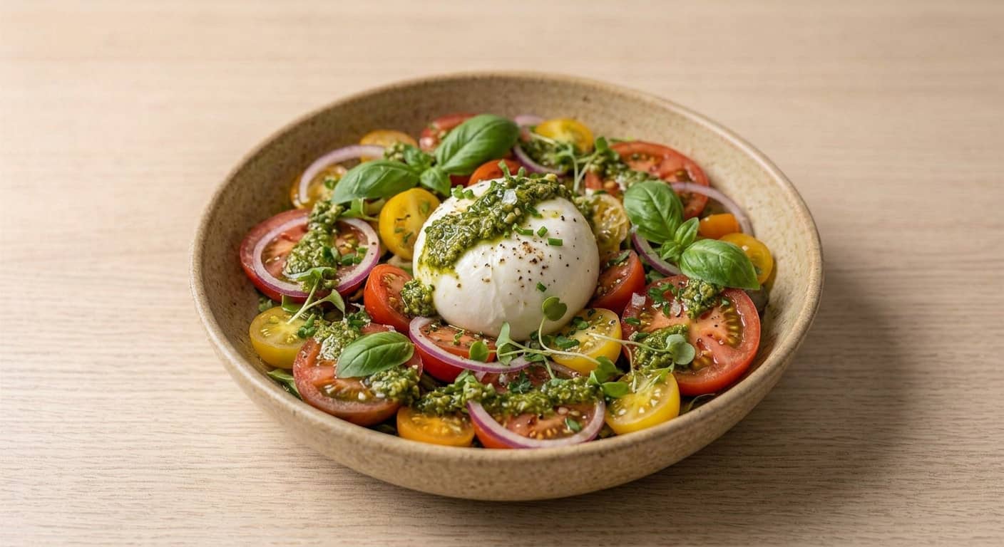 Amanida de tomàquet, burrata i pesto